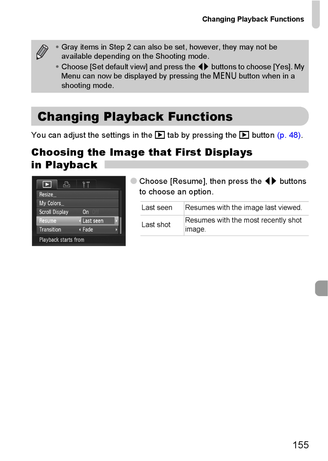 Canon S90 manual Changing Playback Functions, Choosing the Image that First Displays in Playback, 155 