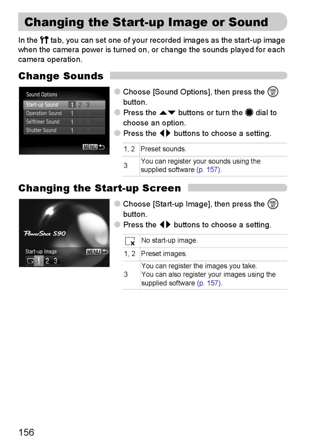 Canon S90 manual Changing the Start-up Image or Sound, Change Sounds, Changing the Start-up Screen, 156 