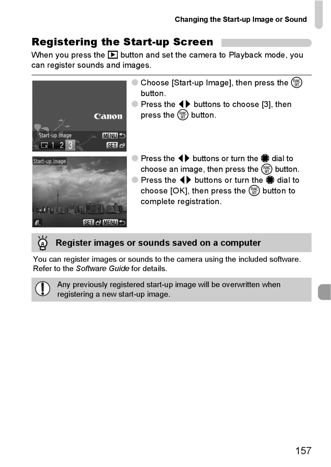 Canon S90 manual Registering the Start-up Screen, 157, Register images or sounds saved on a computer 