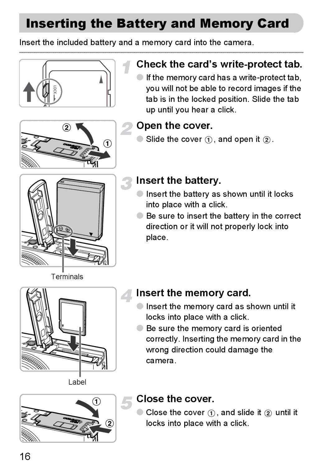 Canon S90 manual Inserting the Battery and Memory Card, Check the card’s write-protect tab, Open the cover, Close the cover 