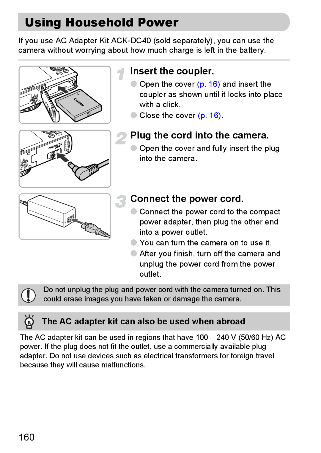 Canon S90 manual Using Household Power, Insert the coupler, Plug the cord into the camera, Connect the power cord, 160 