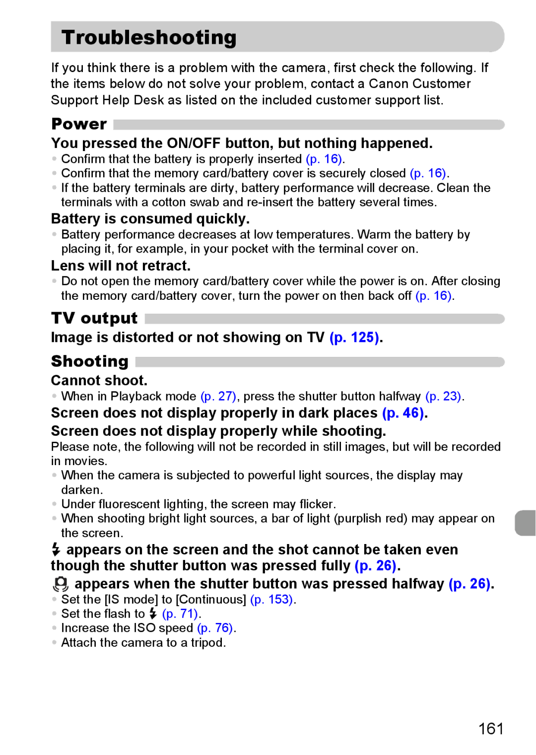 Canon S90 manual Troubleshooting, Power, TV output, Shooting, 161 