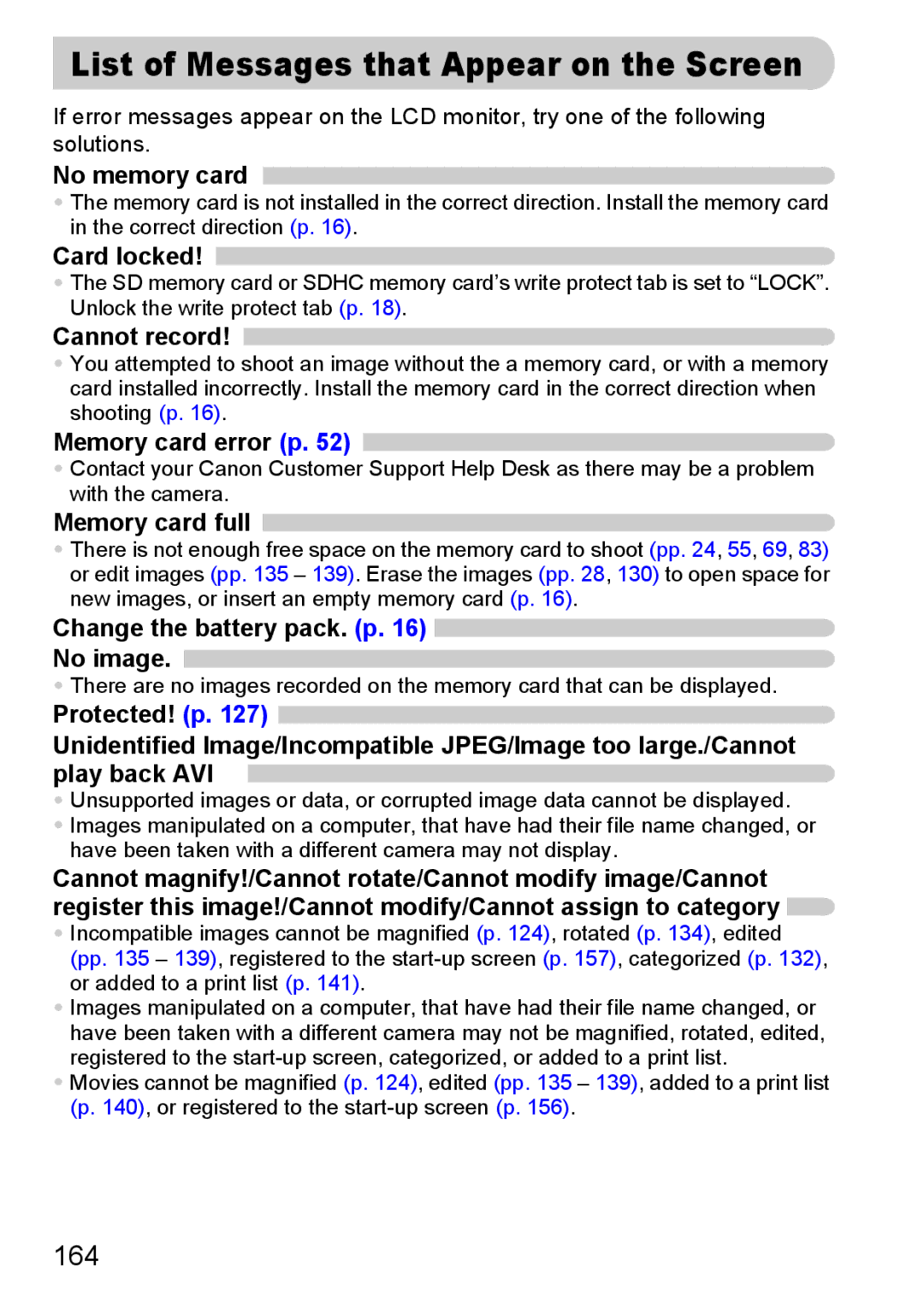 Canon S90 manual List of Messages that Appear on the Screen, 164 