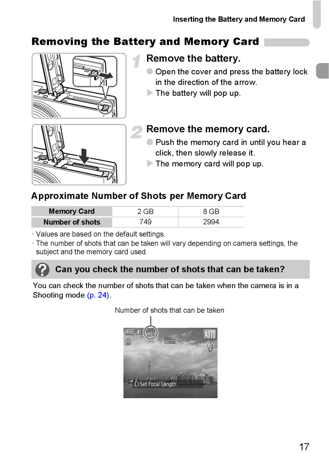 Canon S90 manual Removing the Battery and Memory Card, Remove the memory card, Approximate Number of Shots per Memory Card 