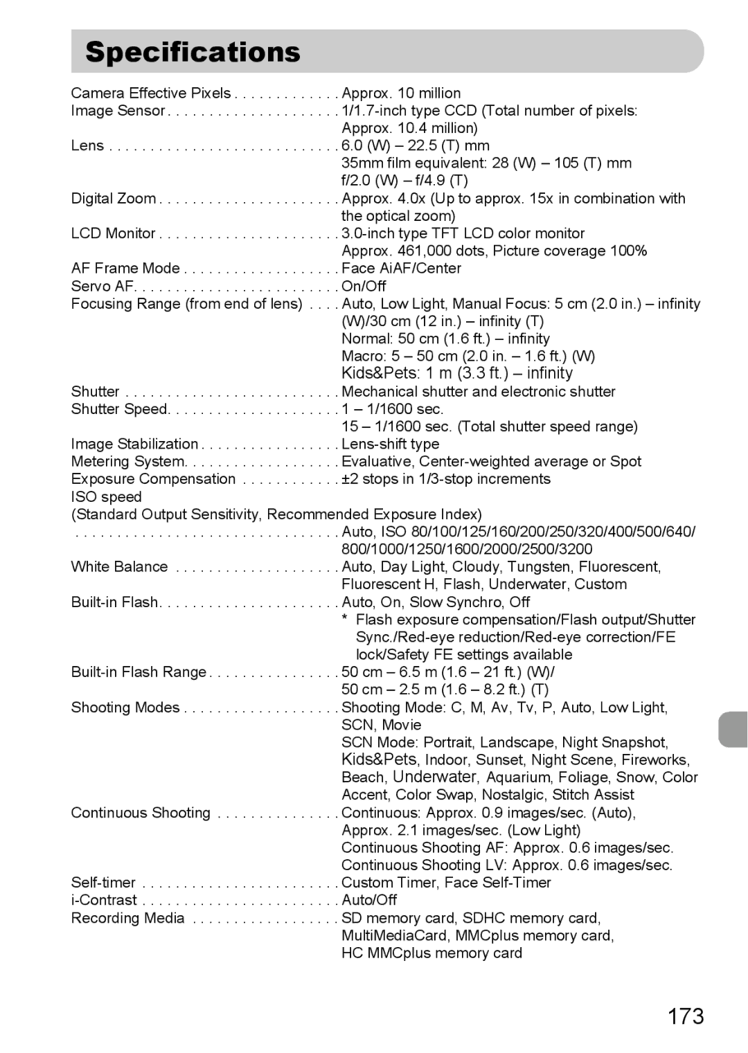 Canon S90 manual Specifications, 173 