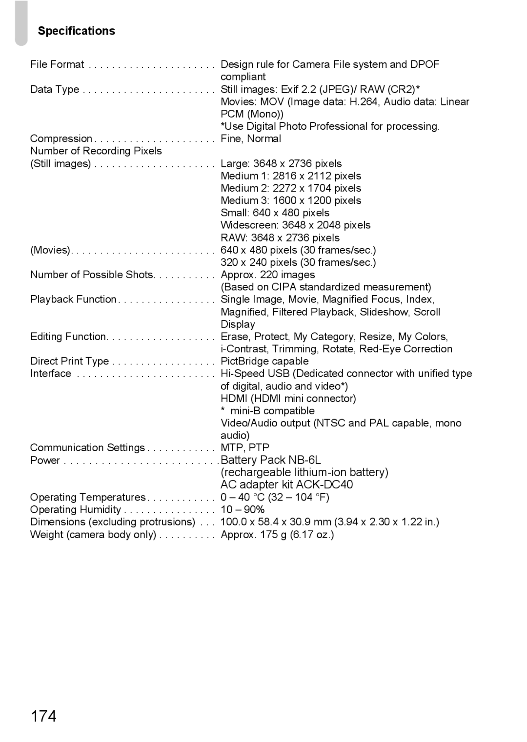 Canon S90 manual 174, Specifications 