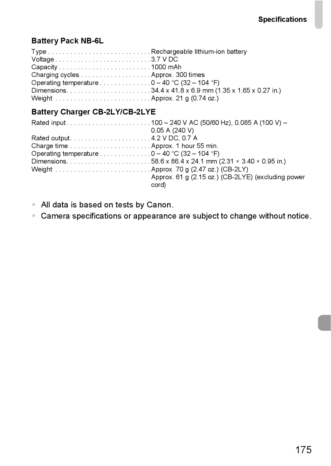 Canon S90 manual 175, Specifications Battery Pack NB-6L 