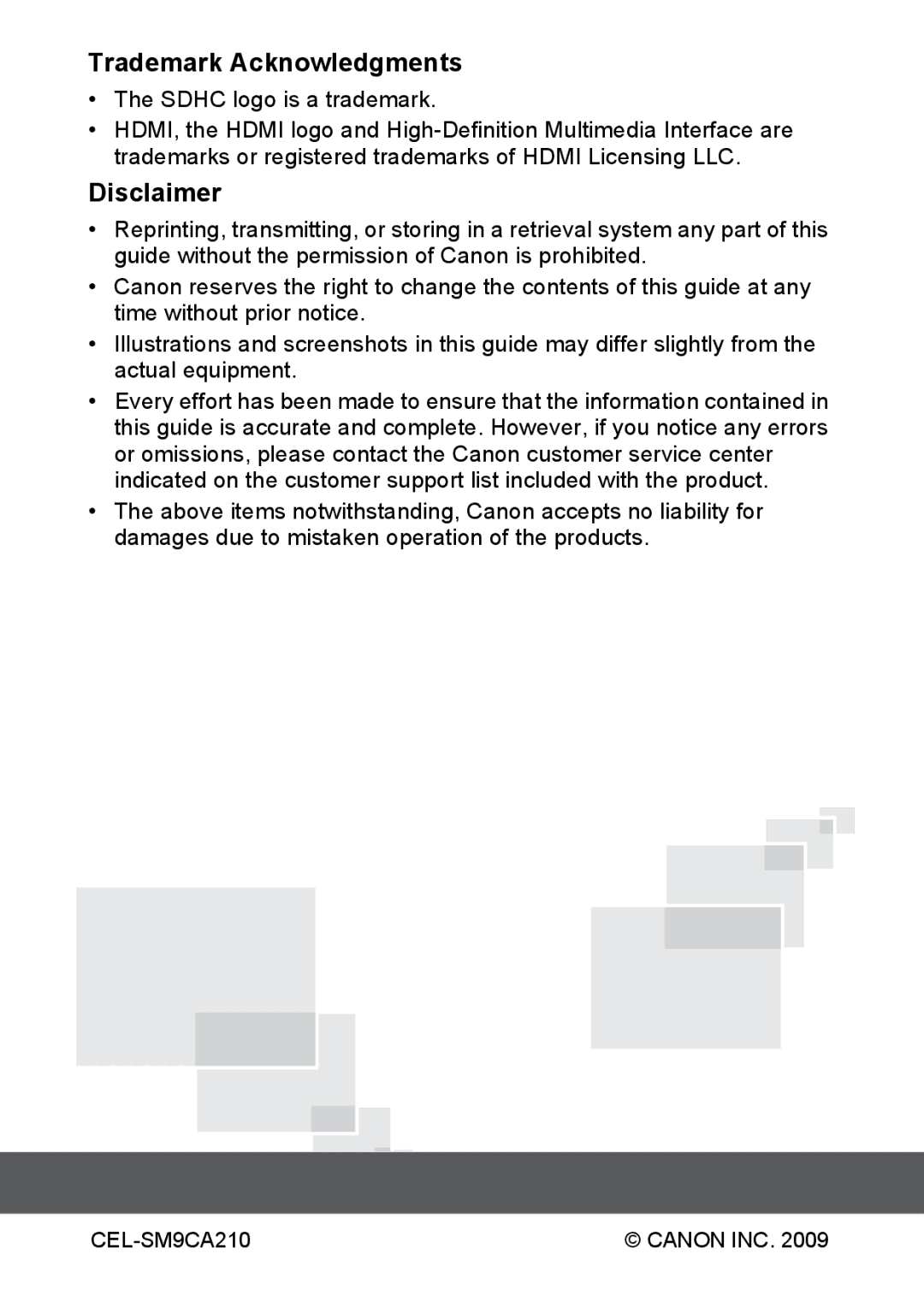 Canon S90 manual Trademark Acknowledgments, Disclaimer 