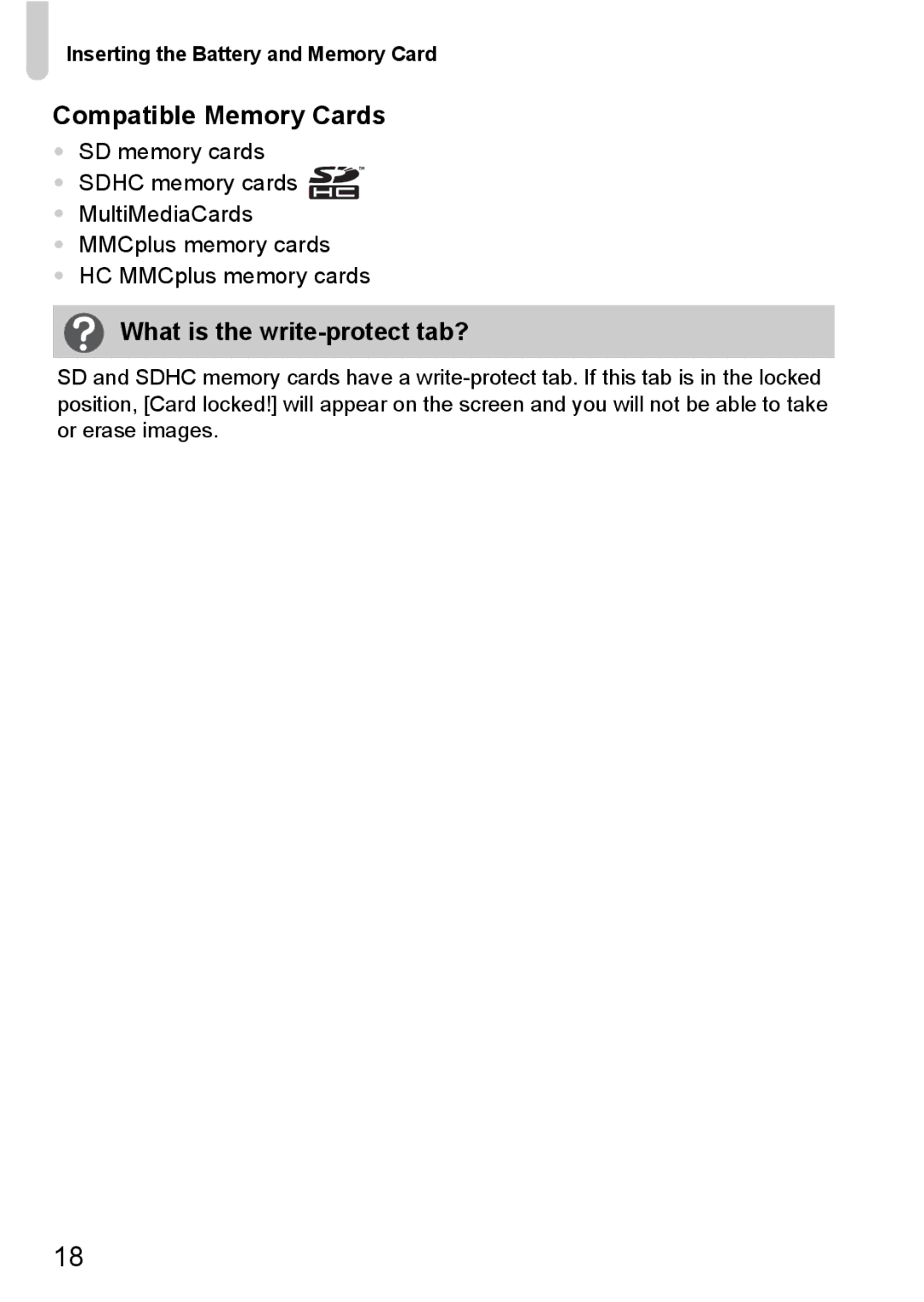 Canon S90 manual Compatible Memory Cards, What is the write-protect tab? 
