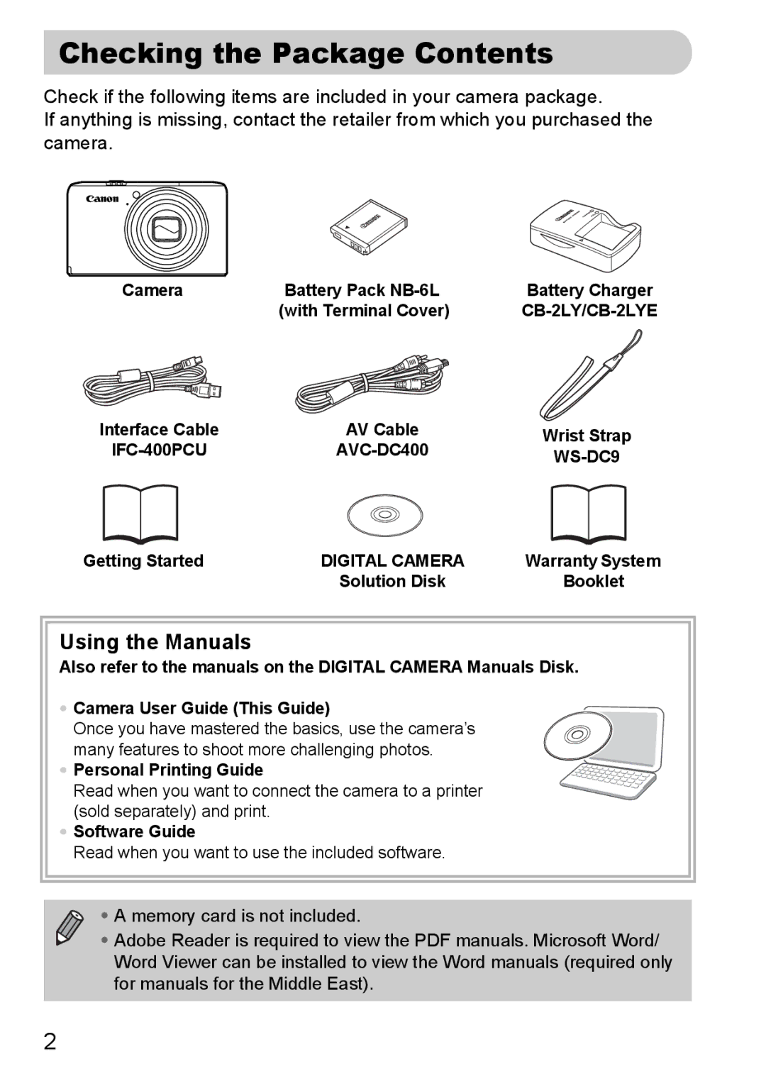 Canon S90 manual Checking the Package Contents 