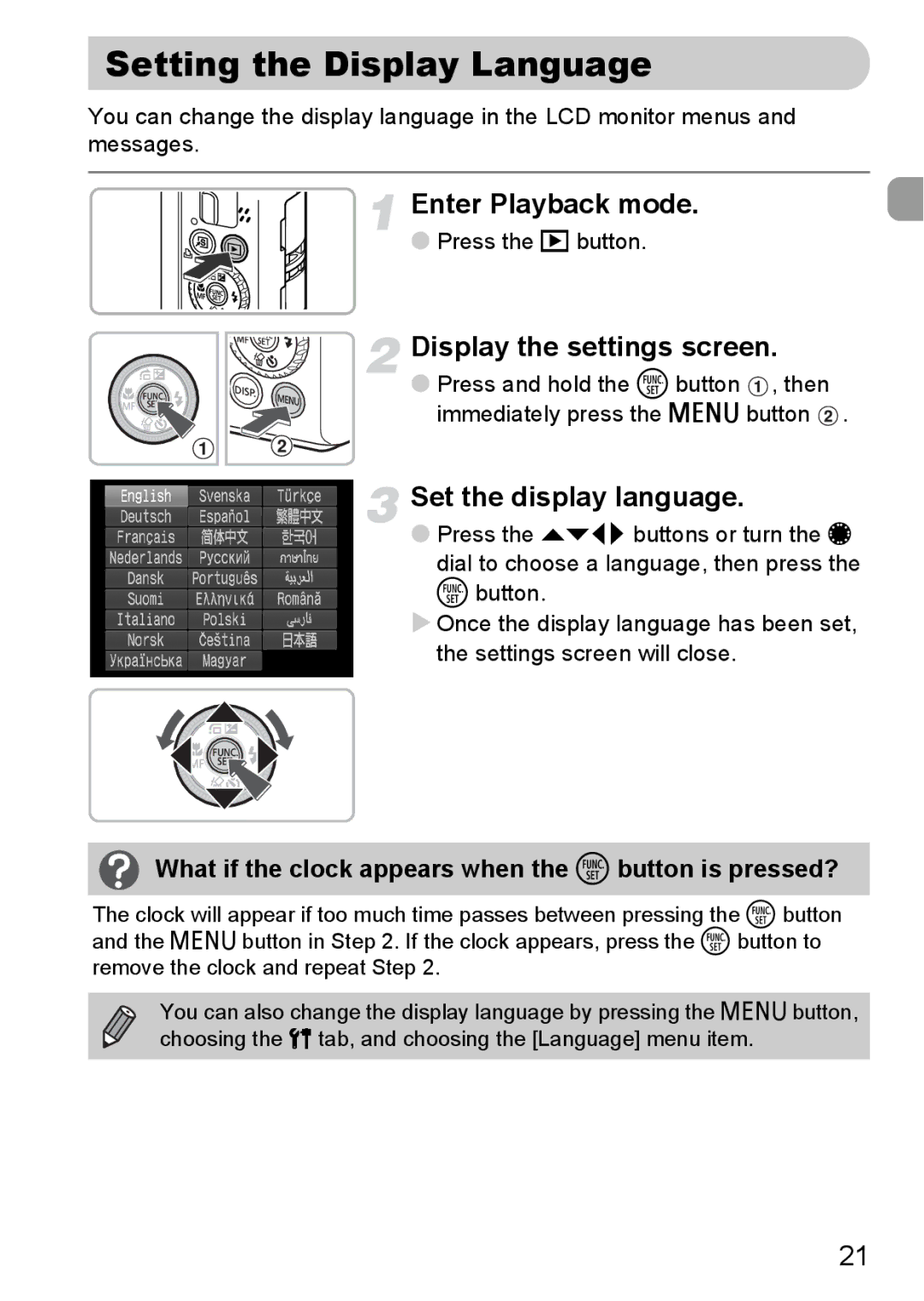 Canon S90 manual Setting the Display Language, Enter Playback mode, Display the settings screen, Set the display language 