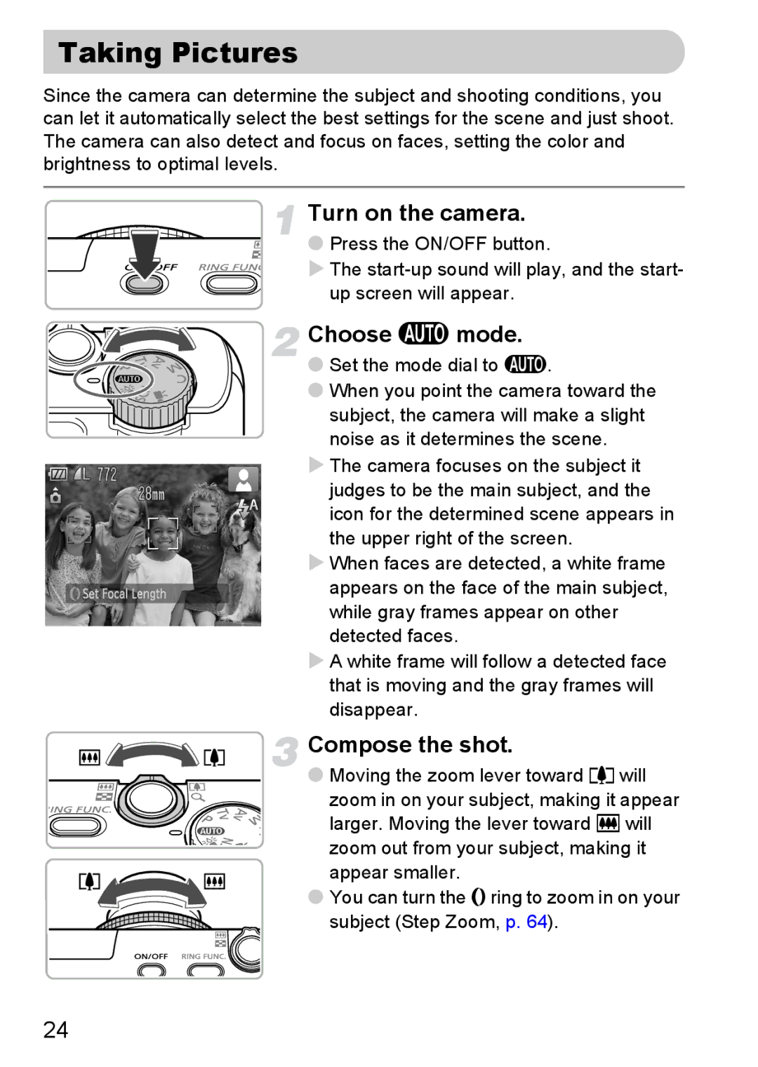 Canon S90 manual Taking Pictures, Choose a mode, Compose the shot 