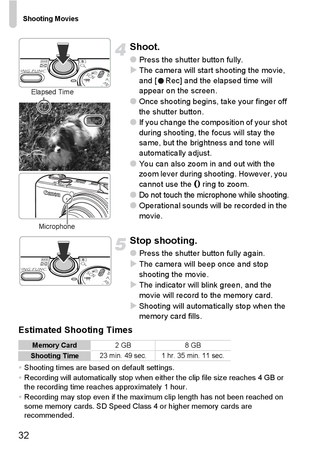 Canon S90 manual Stop shooting, Estimated Shooting Times, Shooting Movies, Memory Card Shooting Time 