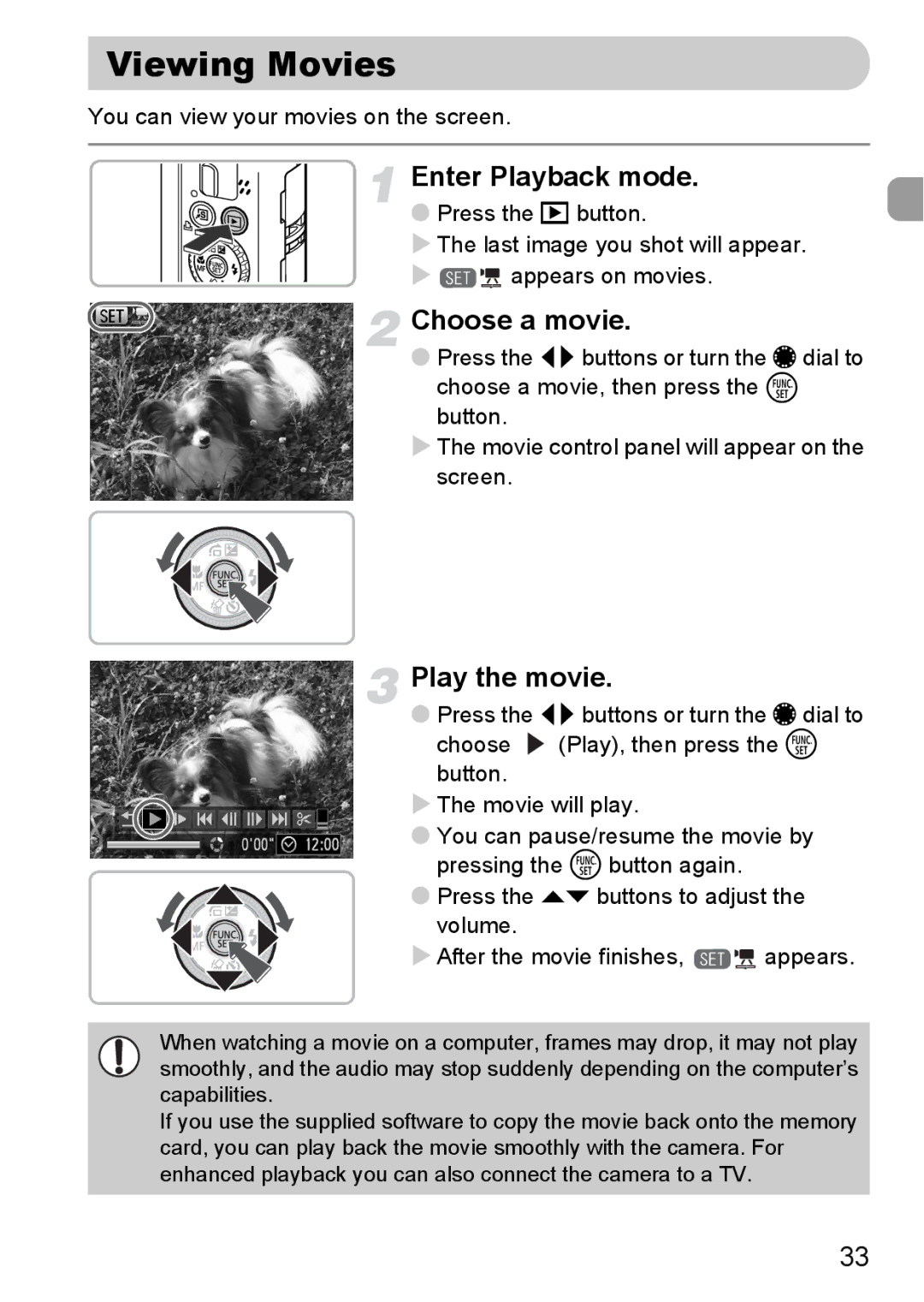 Canon S90 manual Viewing Movies, Choose a movie, Play the movie 