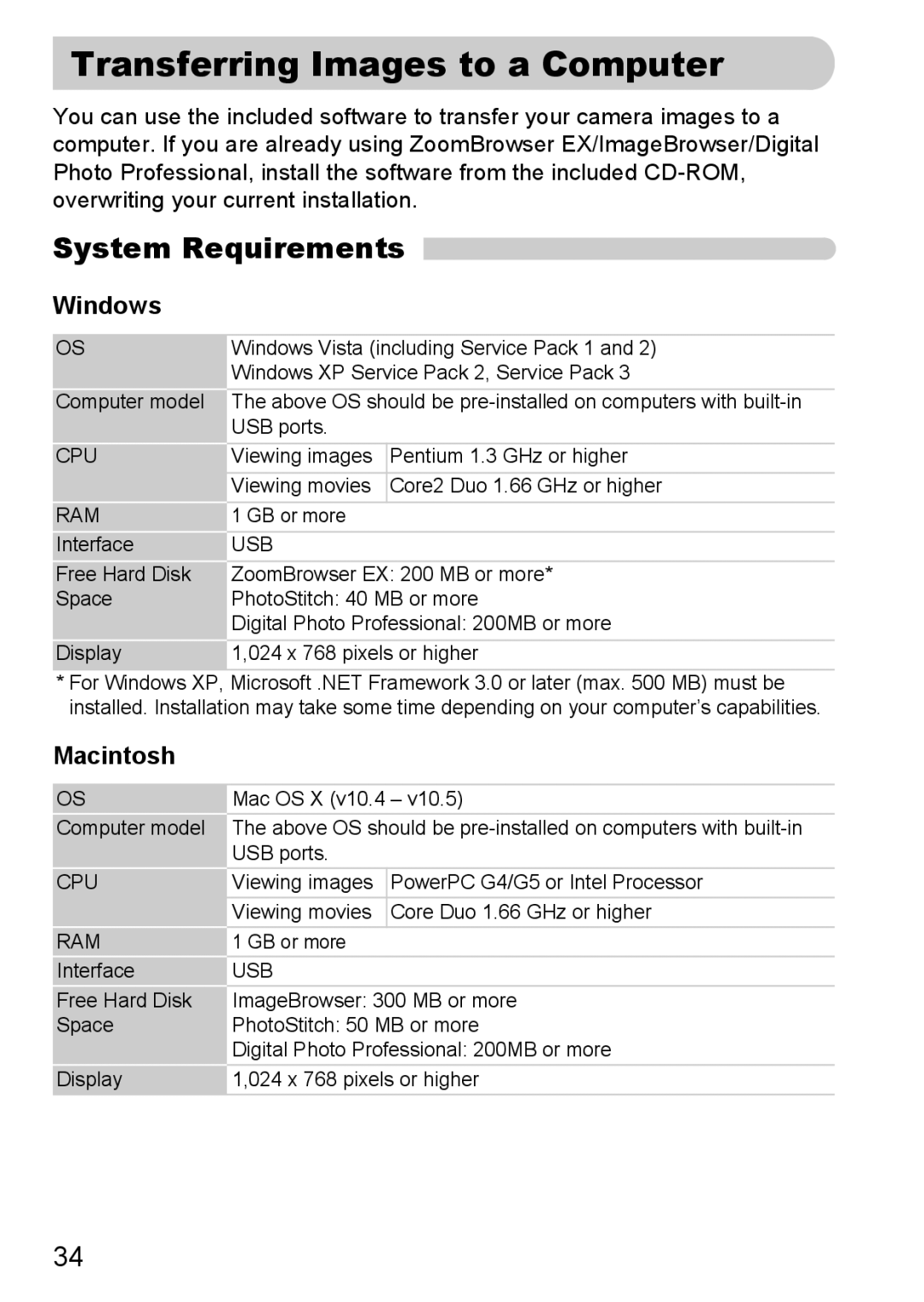 Canon S90 manual Transferring Images to a Computer, System Requirements, Windows, Macintosh 