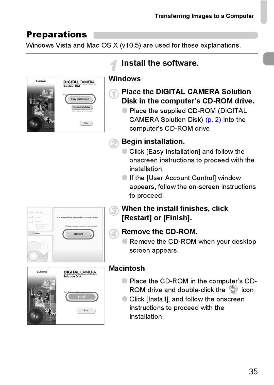 Canon S90 manual Preparations, Install the software, Begin installation, Transferring Images to a Computer 