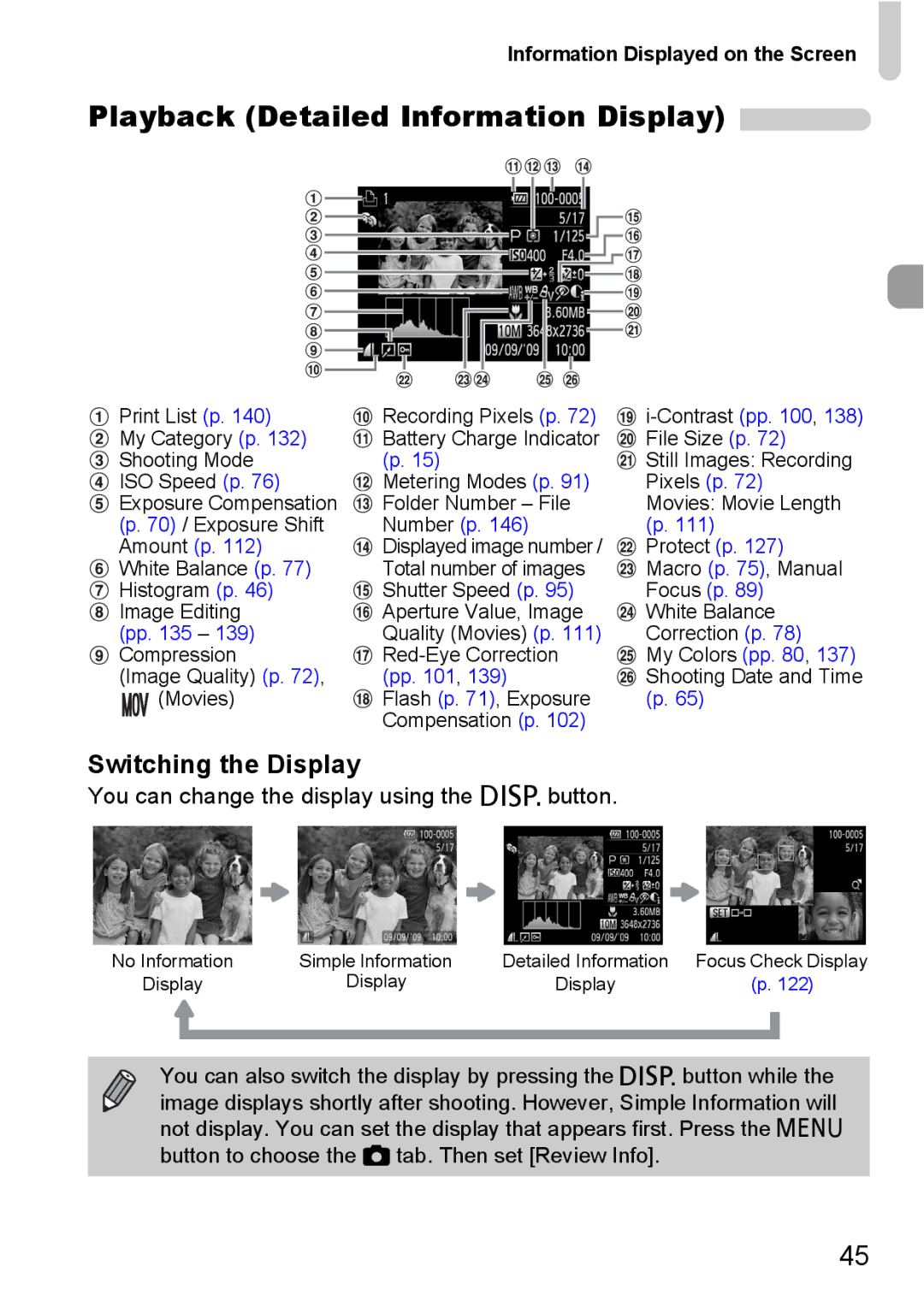 Canon S90 manual Playback Detailed Information Display, Information Displayed on the Screen 