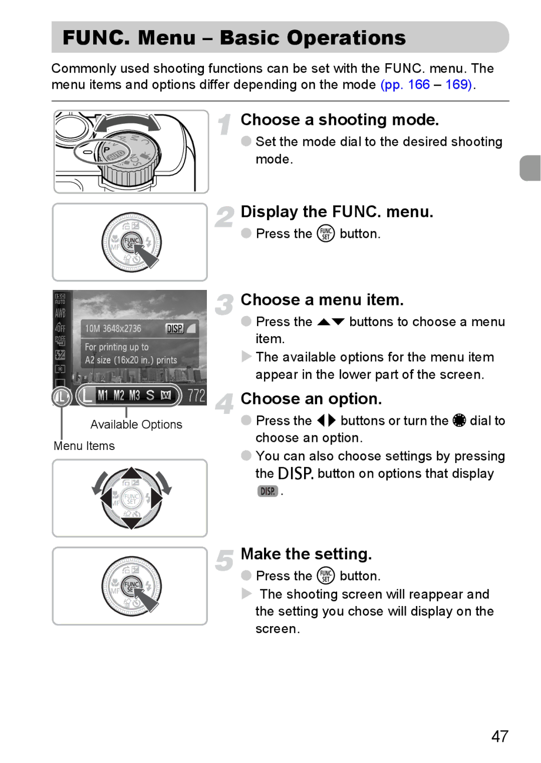 Canon S90 manual FUNC. Menu Basic Operations, Choose a shooting mode, Display the FUNC. menu, Choose a menu item 