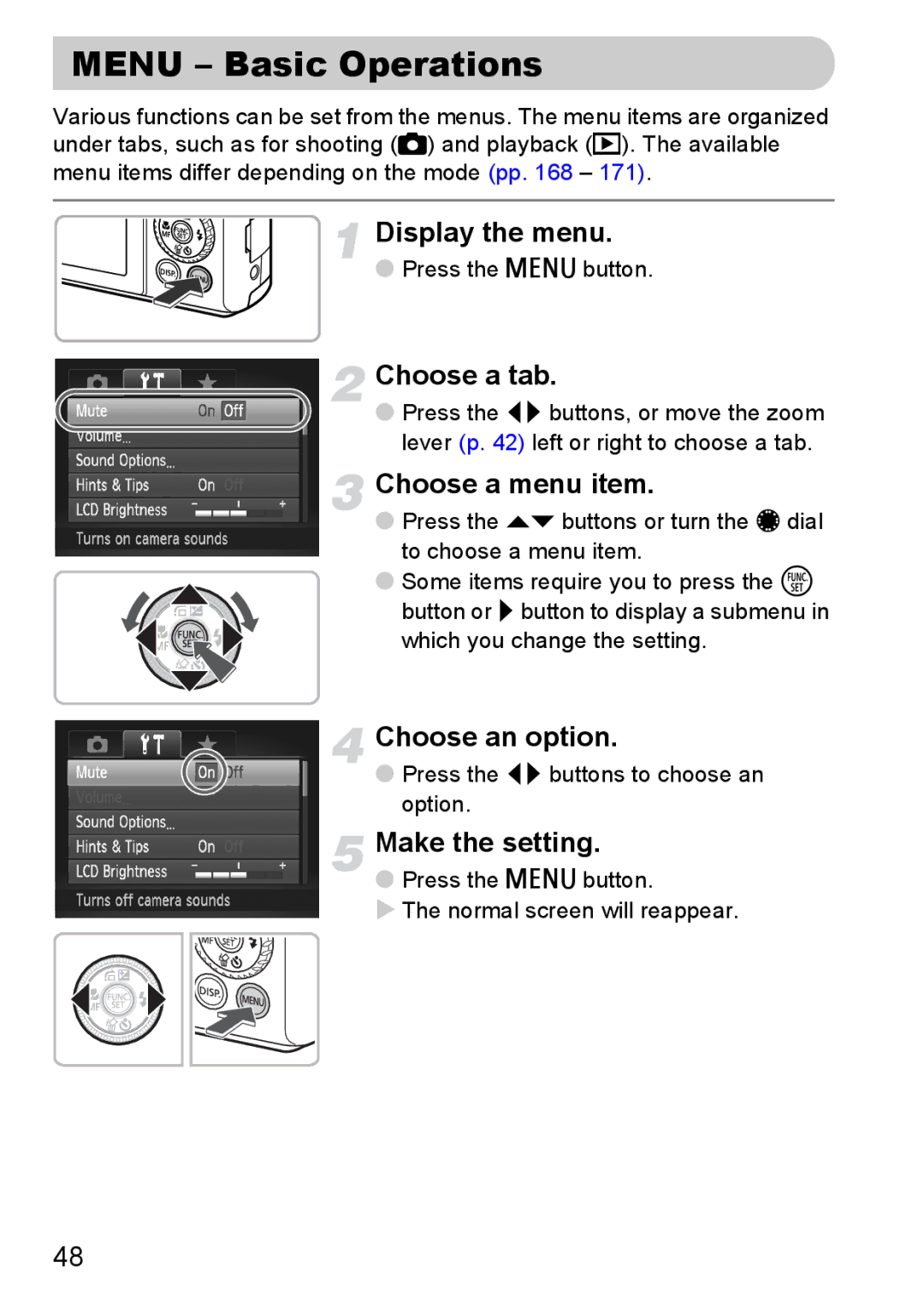 Canon S90 manual Menu Basic Operations, Choose a tab 