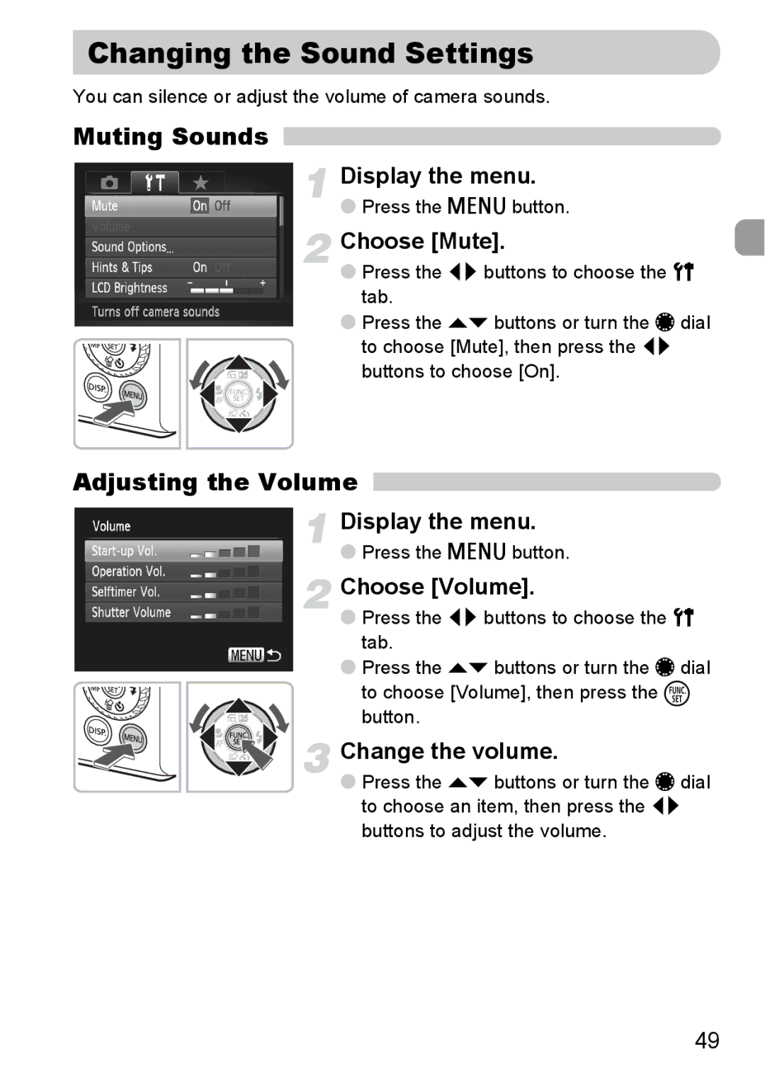 Canon S90 manual Changing the Sound Settings, Muting Sounds, Adjusting the Volume 