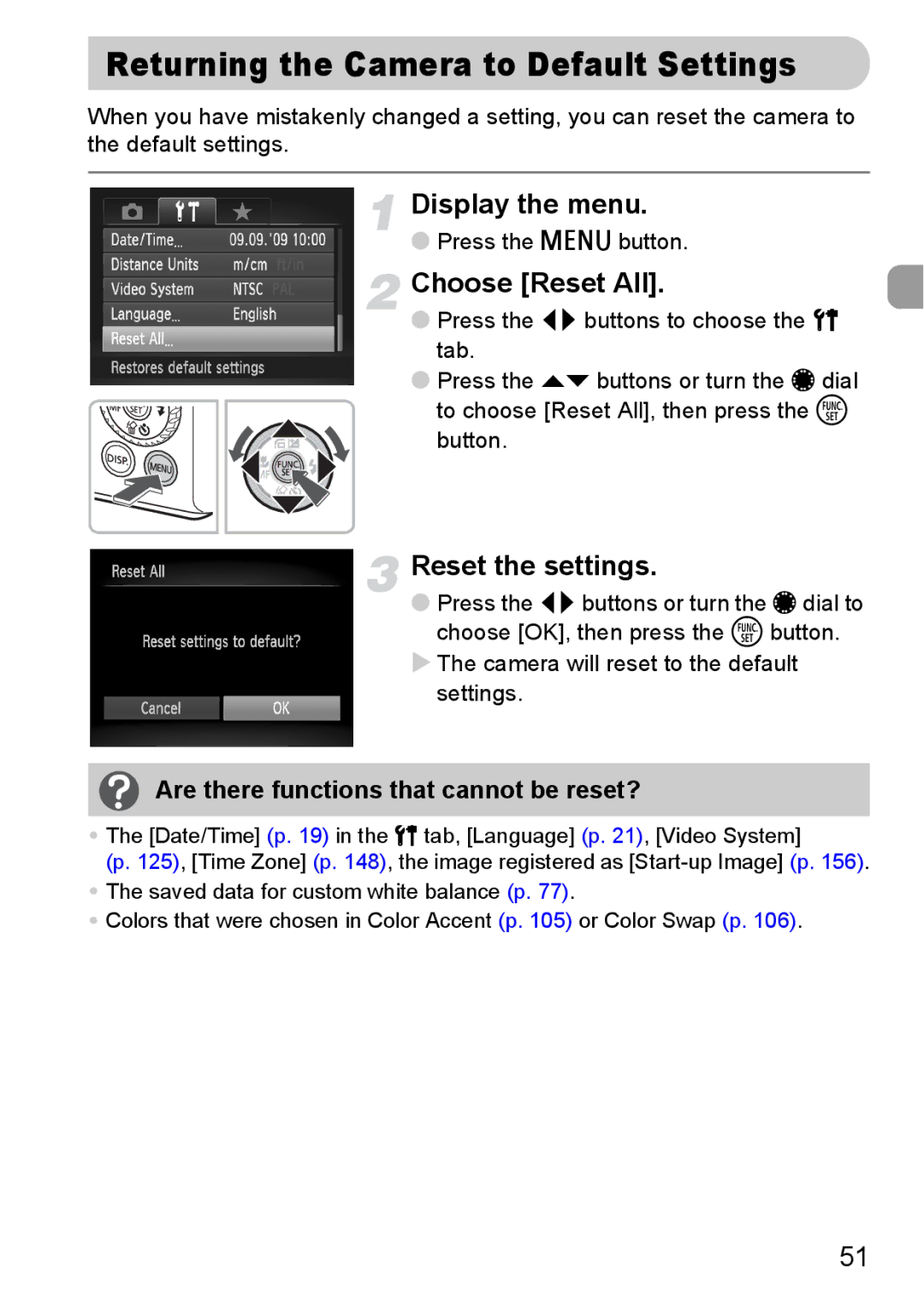 Canon S90 manual Returning the Camera to Default Settings, Choose Reset All, Reset the settings 