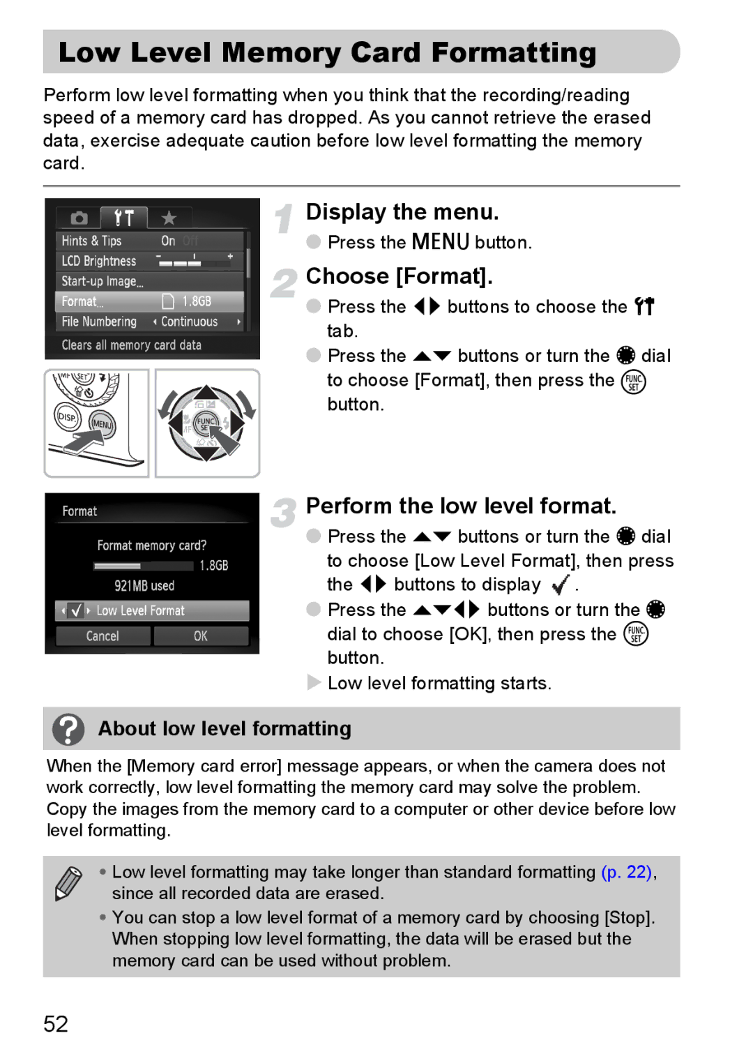 Canon S90 manual Low Level Memory Card Formatting, Perform the low level format, About low level formatting 