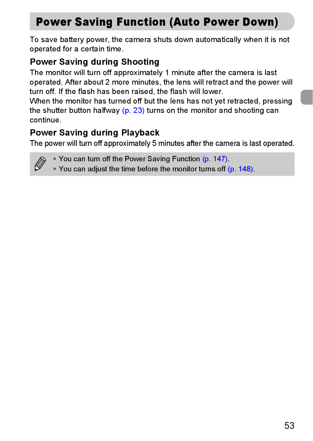 Canon S90 manual Power Saving during Shooting, Power Saving during Playback 