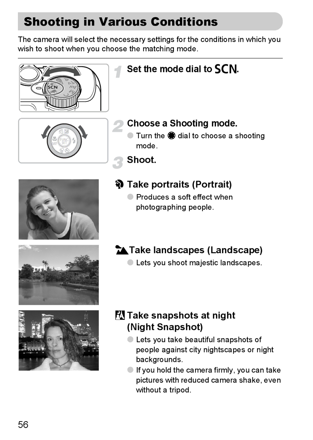 Canon S90 Shooting in Various Conditions, Set the mode dial to K Choose a Shooting mode, Shoot Take portraits Portrait 