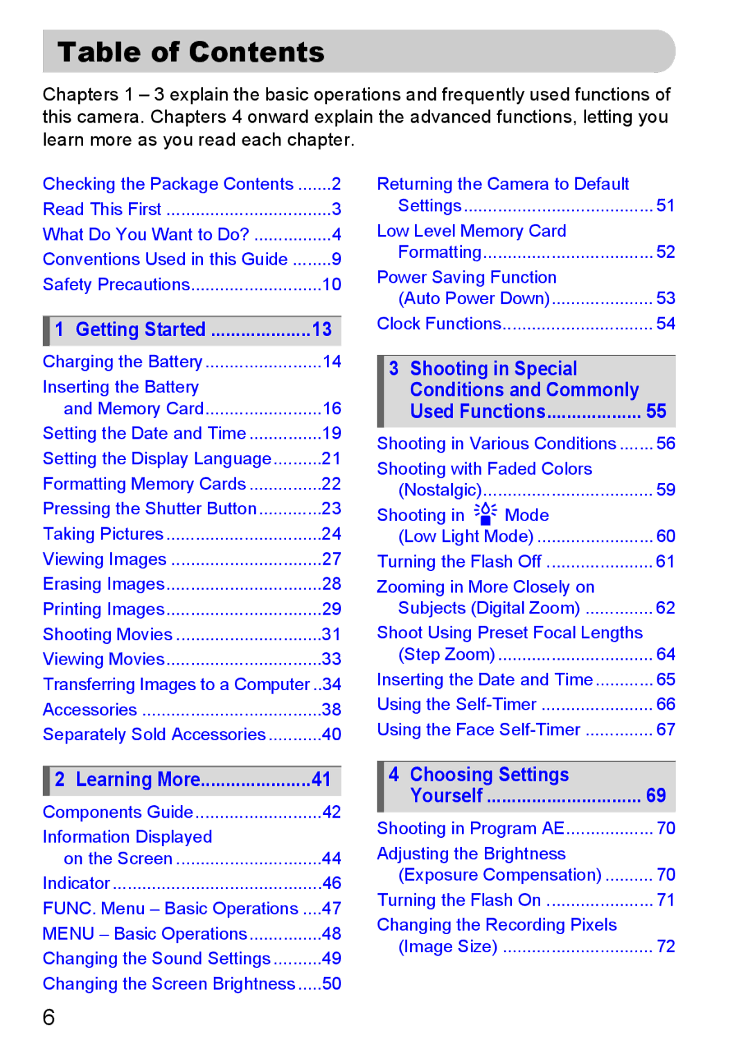 Canon S90 manual Table of Contents 