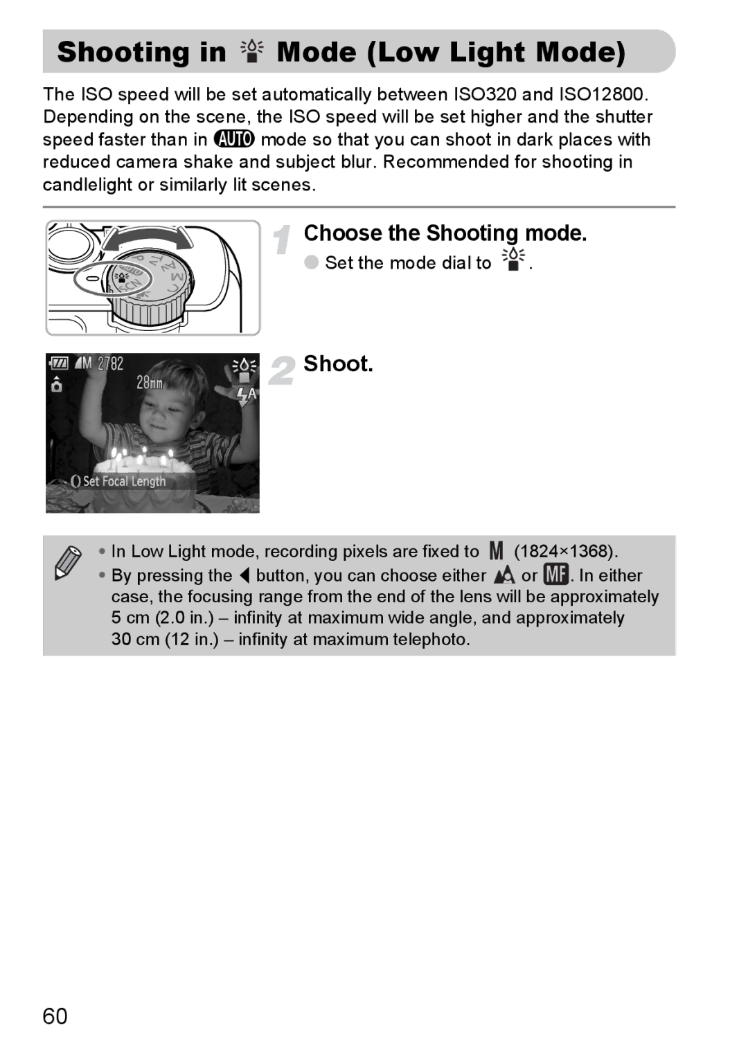 Canon S90 manual Shooting in Mode Low Light Mode, Choose the Shooting mode 