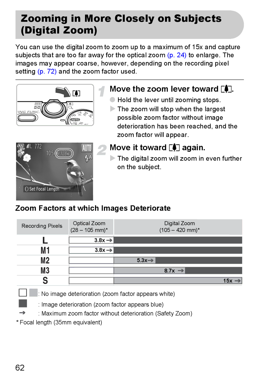 Canon S90 manual Zooming in More Closely on Subjects Digital Zoom, Move the zoom lever toward, Move it toward i again 