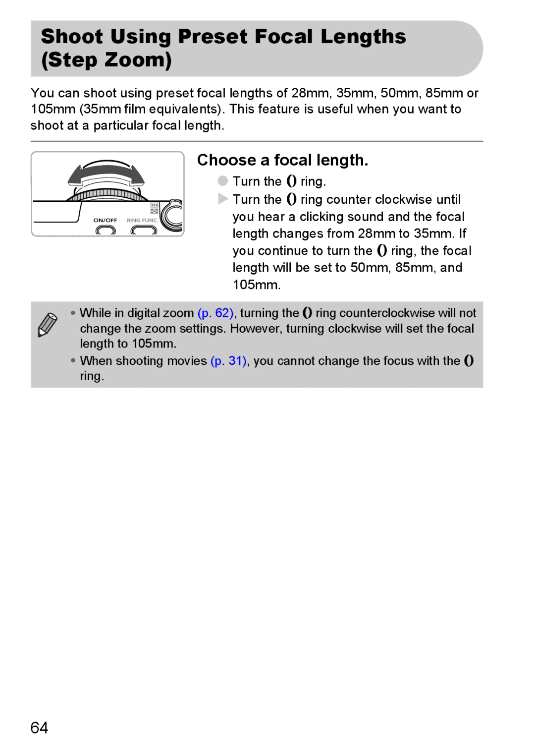 Canon S90 manual Shoot Using Preset Focal Lengths Step Zoom, Choose a focal length 