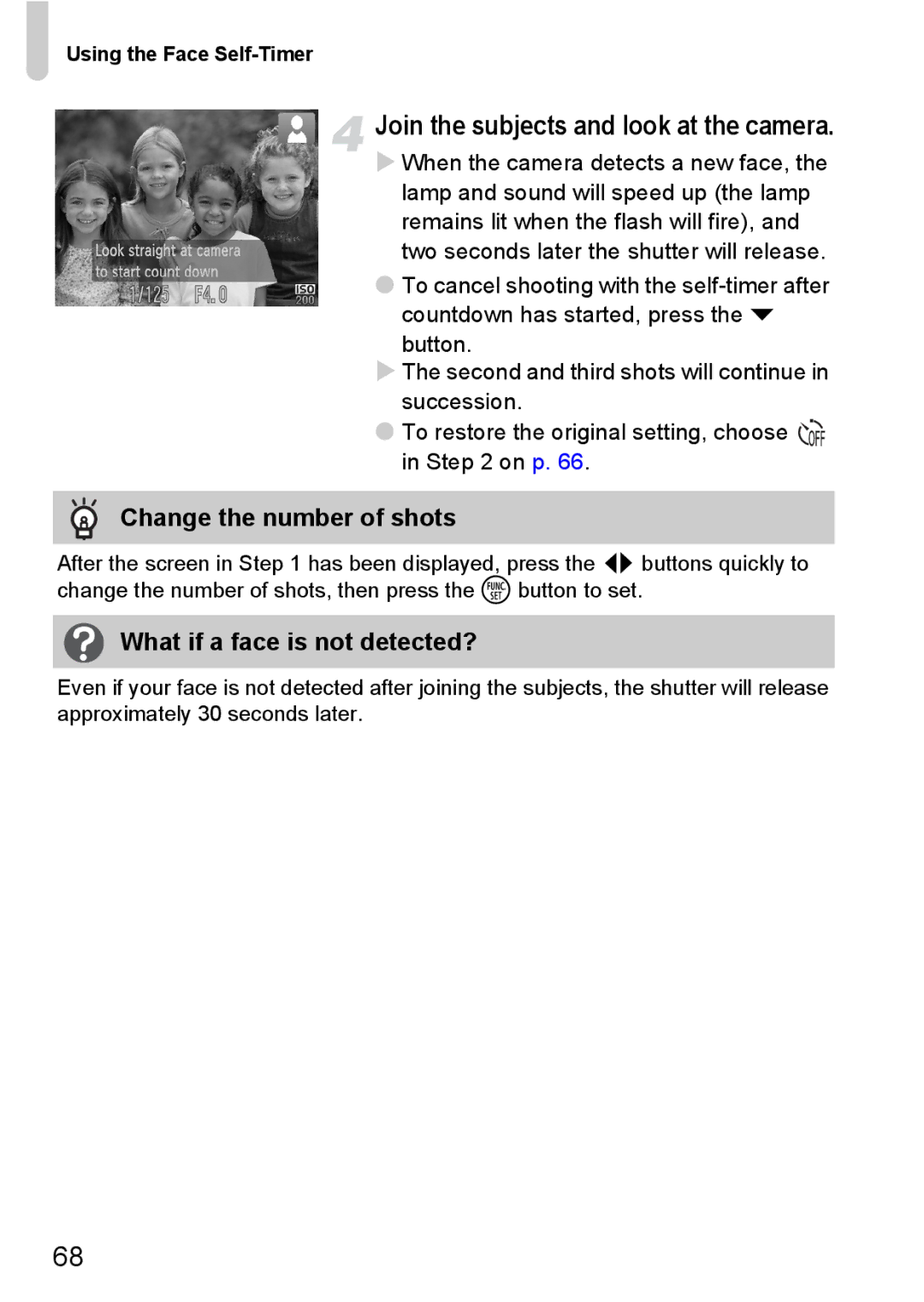 Canon S90 manual Join the subjects and look at the camera, Change the number of shots, What if a face is not detected? 