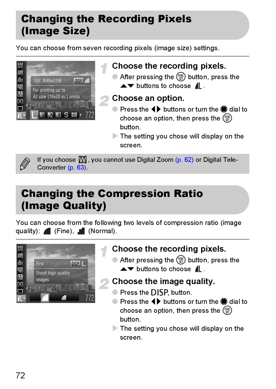 Canon S90 Changing the Recording Pixels Image Size, Changing the Compression Ratio Image Quality, Choose the image quality 