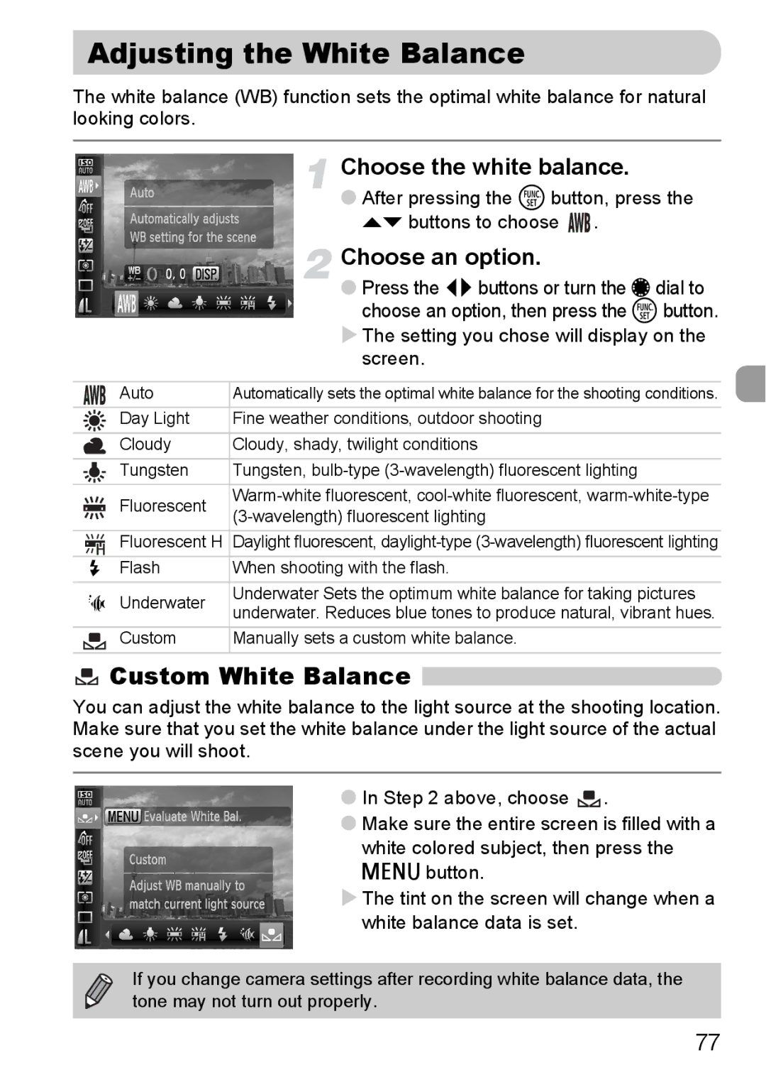 Canon S90 manual Adjusting the White Balance, Custom White Balance, Choose the white balance 