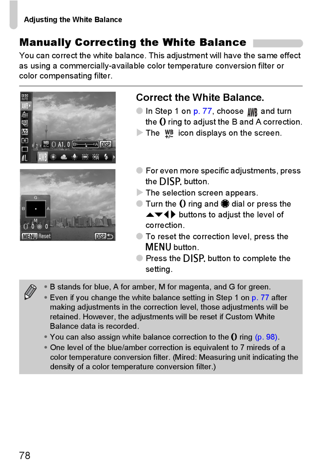 Canon S90 manual Manually Correcting the White Balance, Correct the White Balance, Adjusting the White Balance 