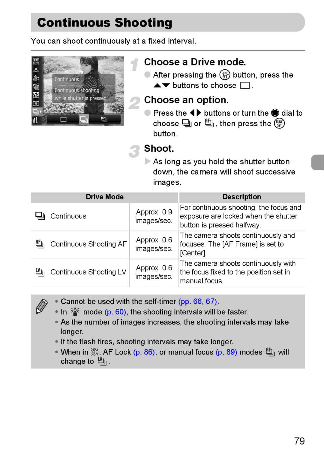 Canon S90 manual Continuous Shooting, Choose a Drive mode, Drive Mode Description 