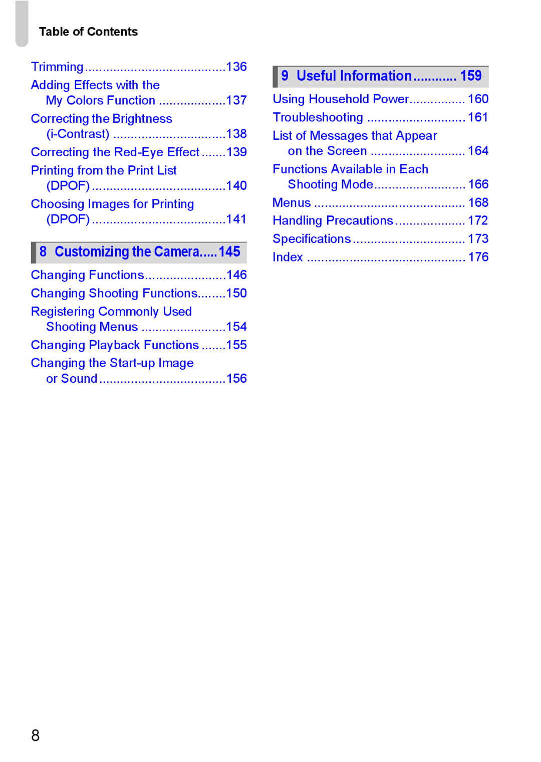 Canon S90 manual Table of Contents 