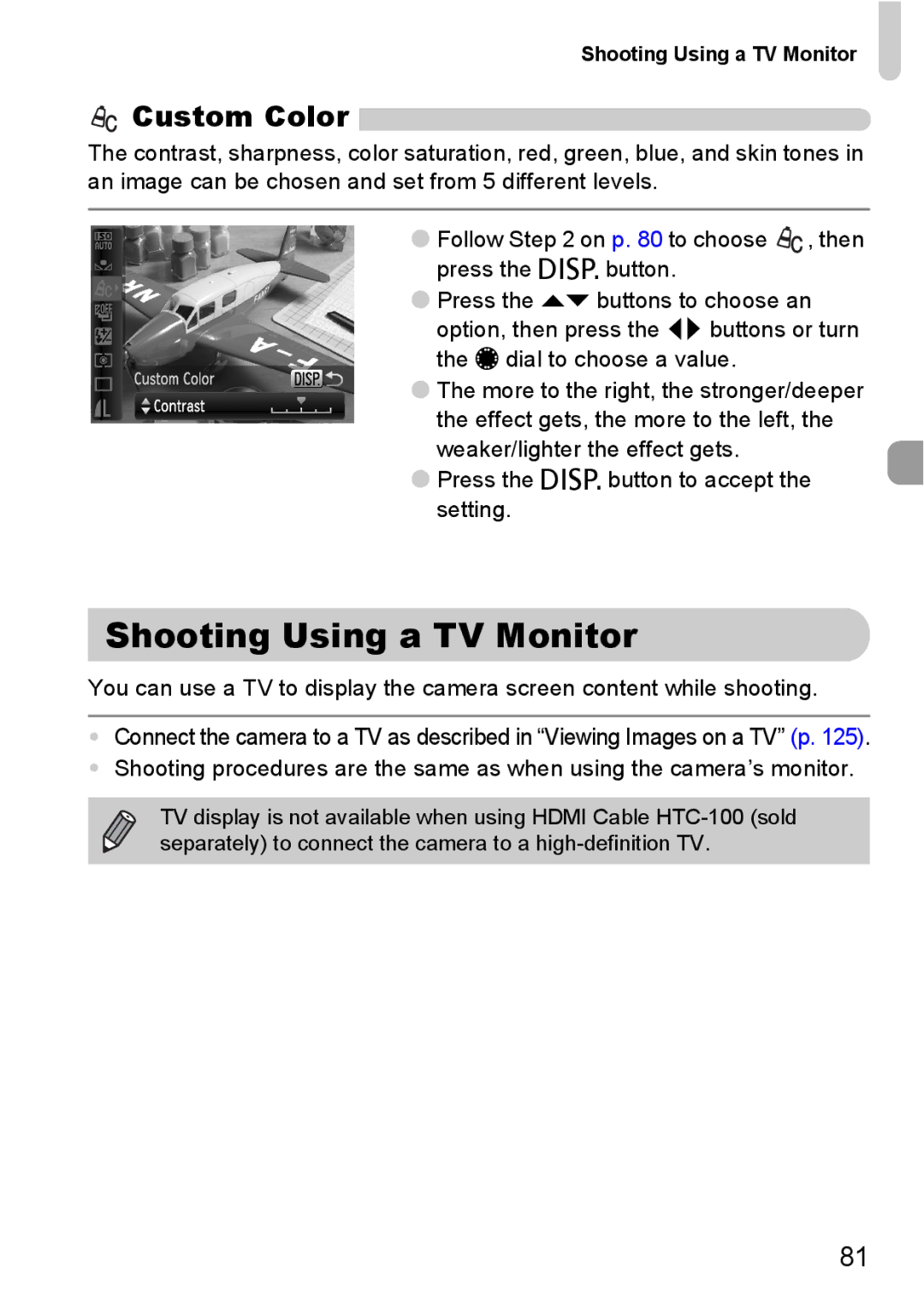 Canon S90 manual Shooting Using a TV Monitor, Custom Color 