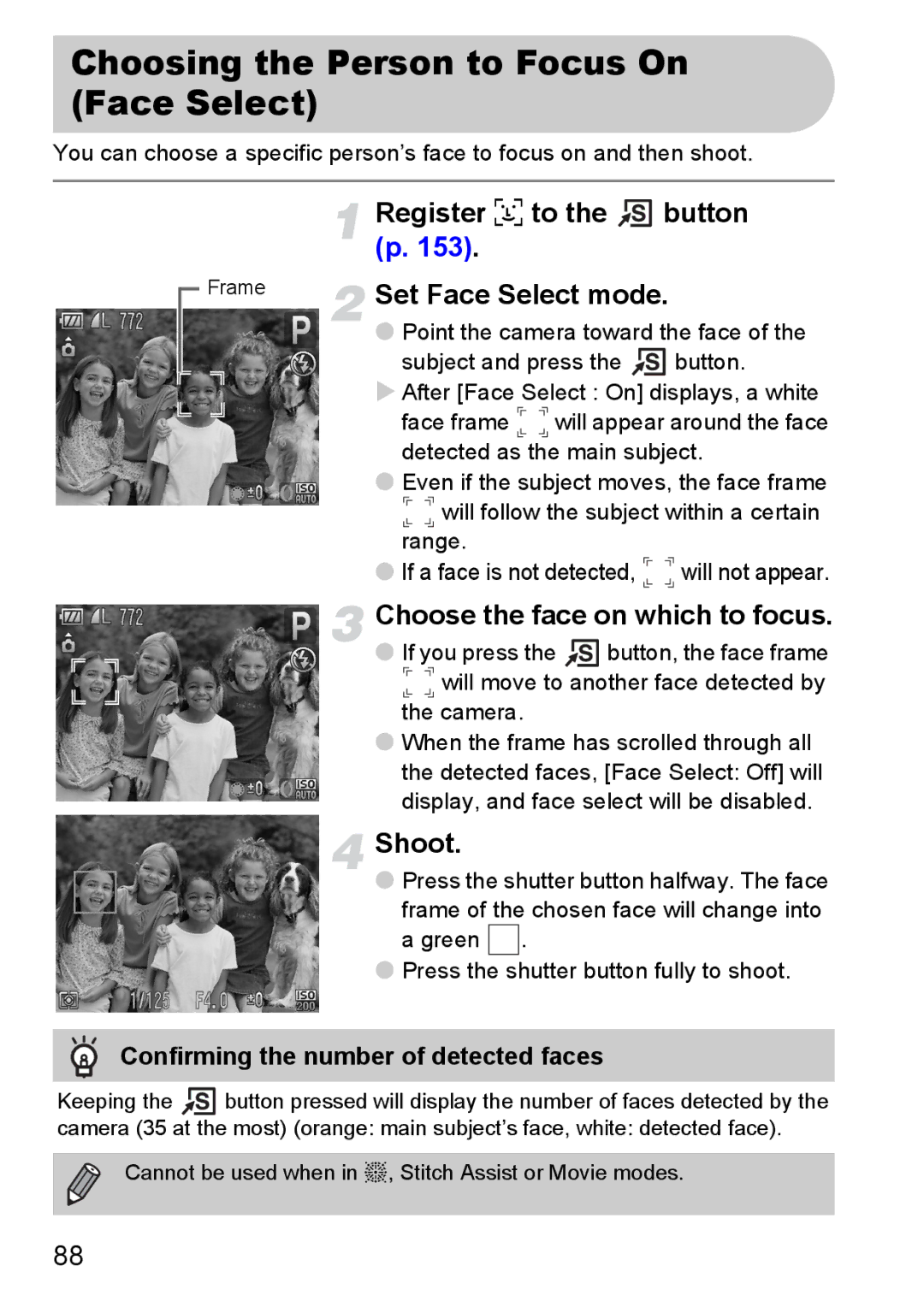 Canon S90 manual Choosing the Person to Focus On Face Select, Register 0 to the button p, Set Face Select mode 