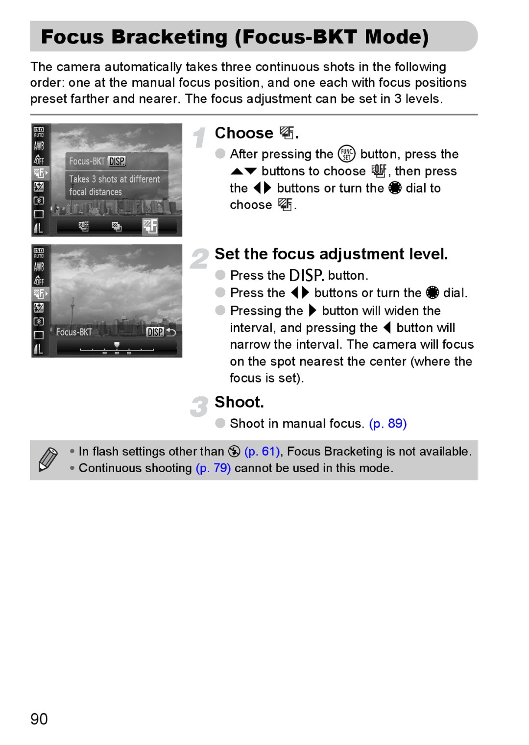 Canon S90 manual Focus Bracketing Focus-BKT Mode, Set the focus adjustment level 