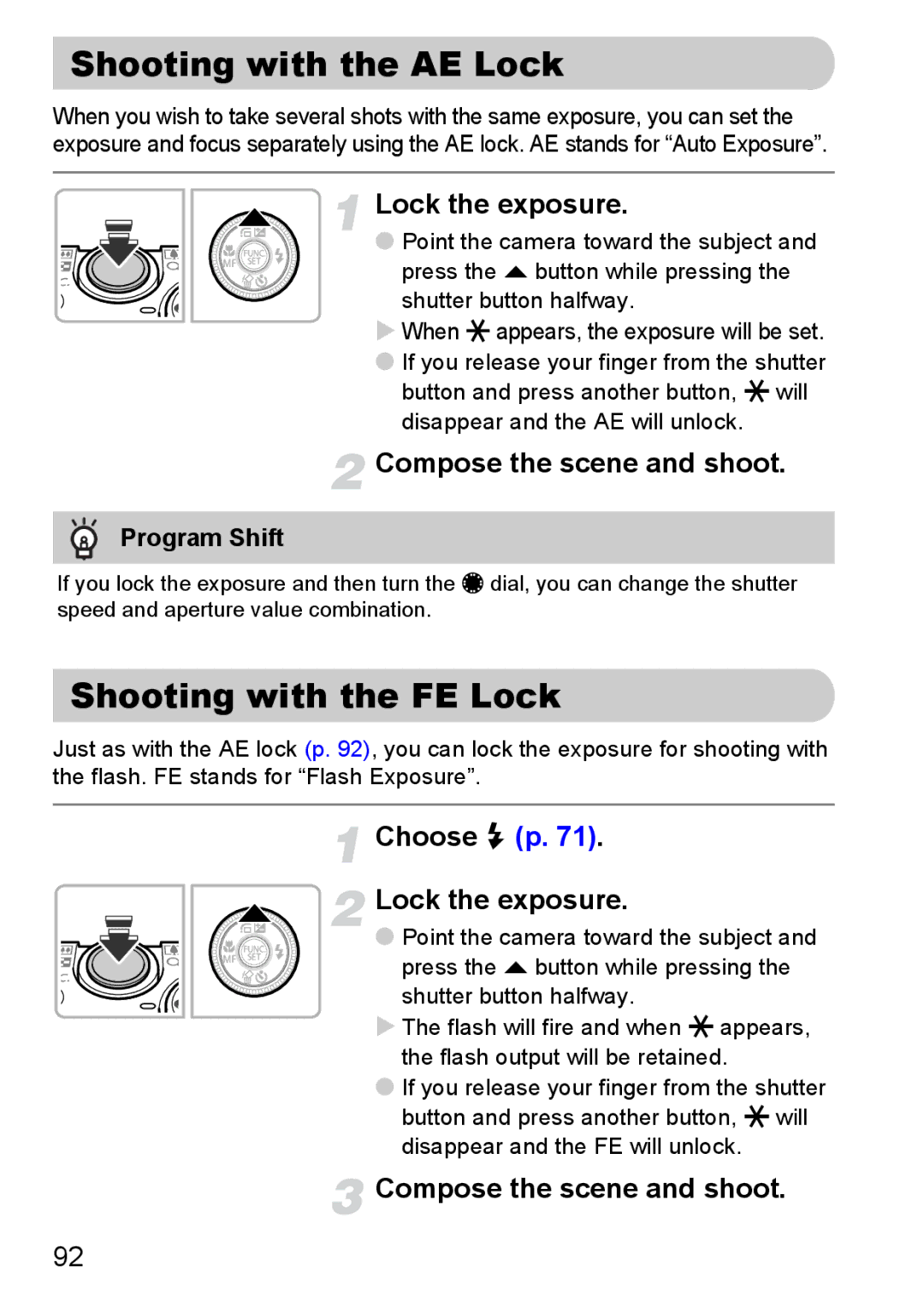 Canon S90 manual Shooting with the AE Lock, Shooting with the FE Lock, Choose h p Lock the exposure, Program Shift 