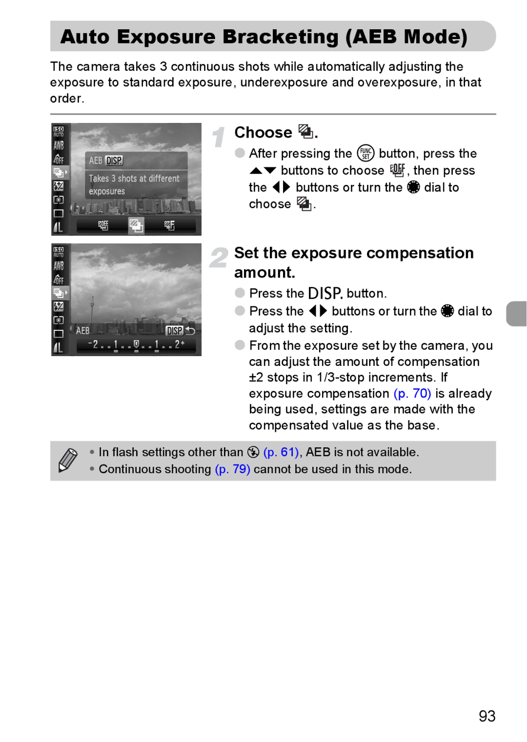 Canon S90 manual Auto Exposure Bracketing AEB Mode, Set the exposure compensation amount 