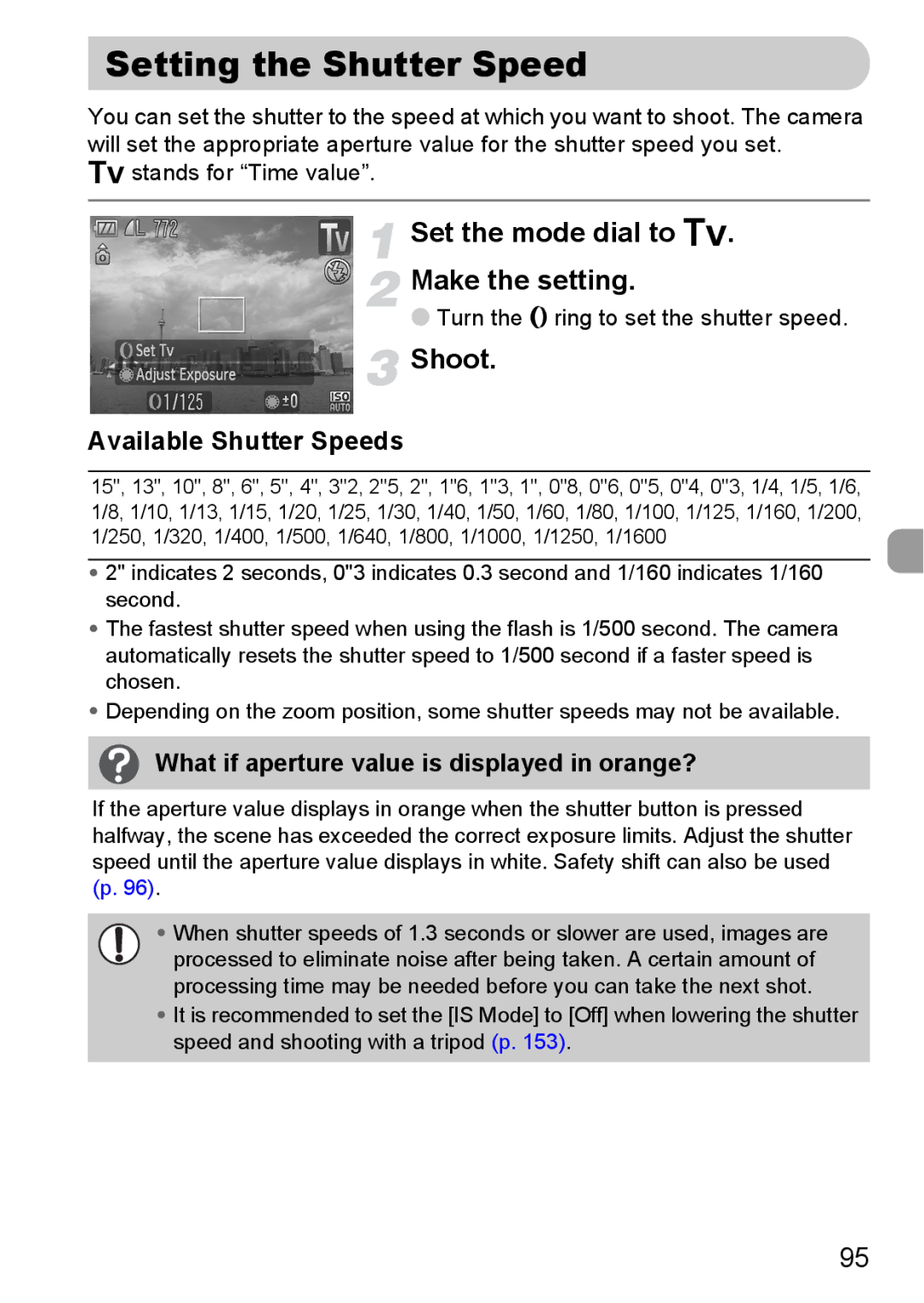 Canon S90 manual Setting the Shutter Speed, Set the mode dial to M Make the setting, Available Shutter Speeds 