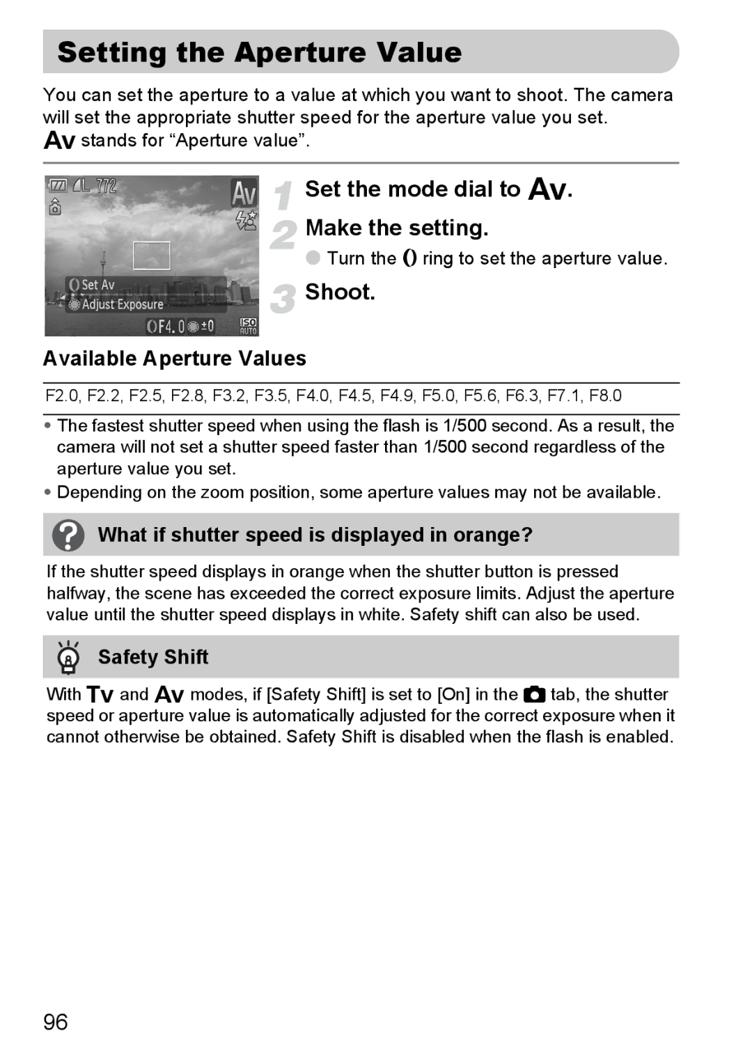 Canon S90 Setting the Aperture Value, Set the mode dial to B Make the setting, Available Aperture Values, Safety Shift 