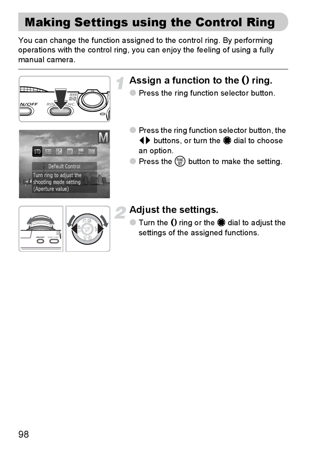 Canon S90 manual Making Settings using the Control Ring, Assign a function to the Ï ring, Adjust the settings 