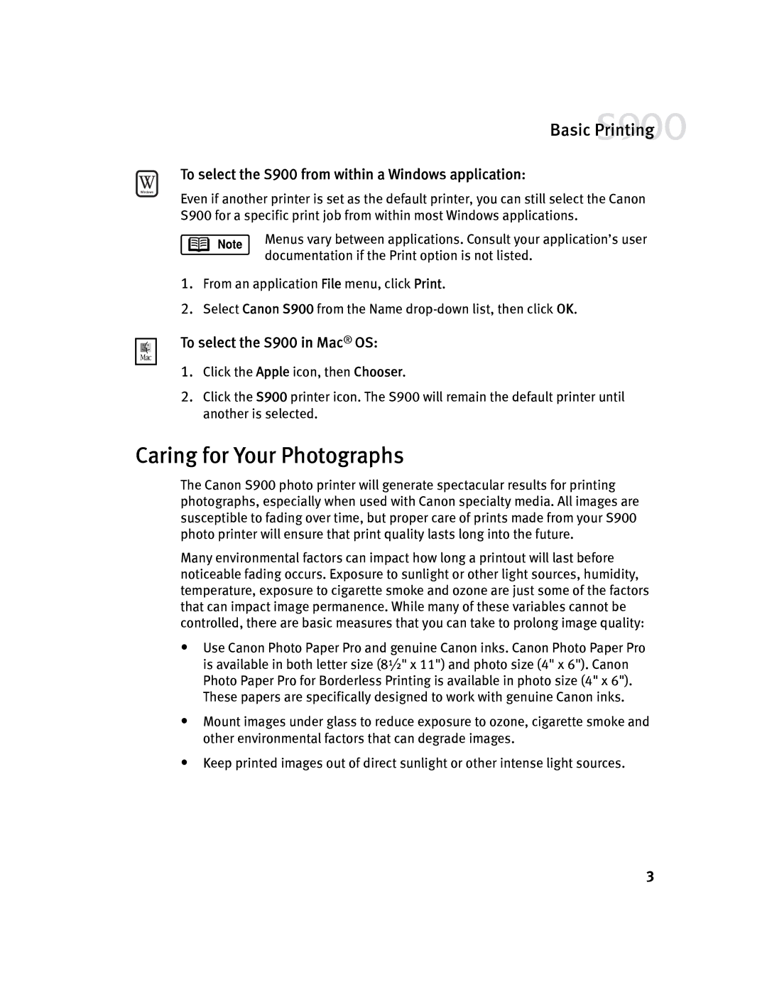 Canon Caring for Your Photographs, To select the S900 from within a Windows application, To select the S900 in Mac OS 