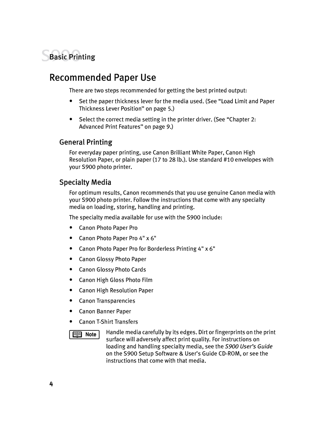 Canon S900 quick start Recommended Paper Use, General Printing 