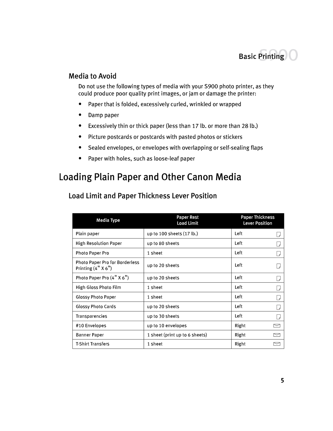 Canon S900 quick start Loading Plain Paper and Other Canon Media, Media to Avoid 