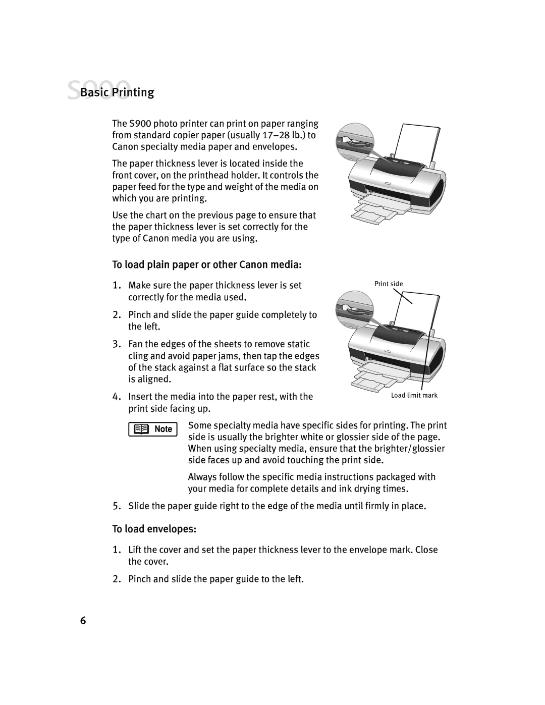 Canon S900 quick start To load plain paper or other Canon media, To load envelopes 